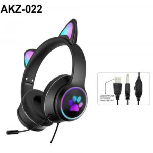 AKZ 022 Wired Headset Gamer Black Cat Ear Headset For Phone PC With