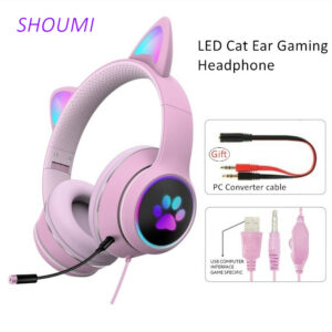 Cat Ear Gaming Headphone LED Light Girl Gamer Wired Headset Stereo Game