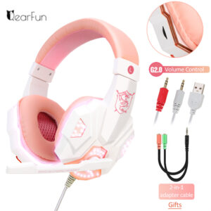 Pink Gaming Headset With HD MIC LED Light Deep Bass Gamer Girl