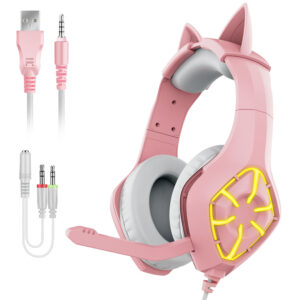 Pink Gaming Headset With Microphone Surround Sound Noise Reduction