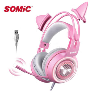 SOMIC Pink Kitten Gaming Headset ASMR Buff Vibration LED Flash Light