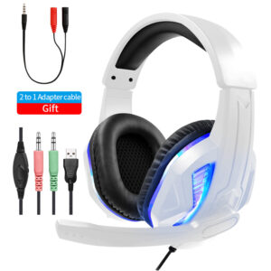 White Wired Headphoness For PC With HD Microphone & Bule LED Light