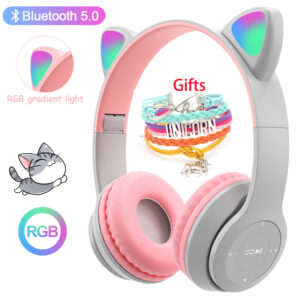 Wireless Headphones Cat Ear With Mic Blue Tooth Glow Light Stereo Bass