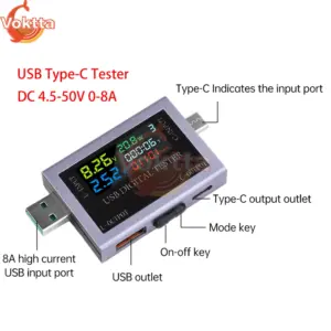 Dual USB Type C Tester DC 4.5 50V 0 8A Multi Function Digital Display