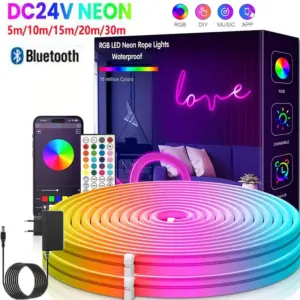 EU Plug DC24V 3535 RGB Neon LED Strip 5 / 10 / 15 / 20 / 30M Bluetooth